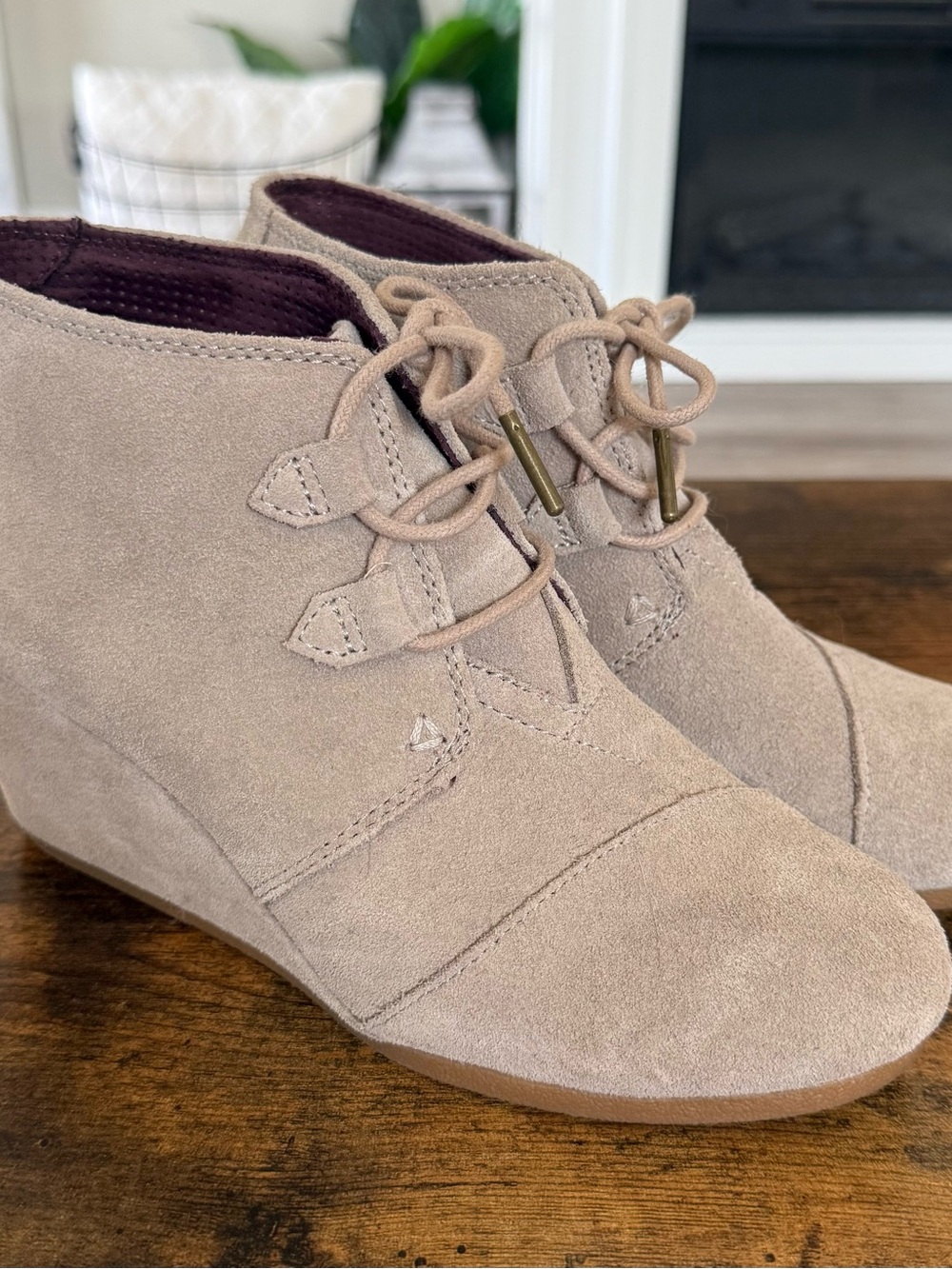 Toms Taupe Suede Lace-Up Wedge Booties